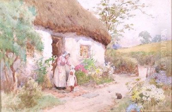 Mother And Child Outside A Thatched Cottage Oil Painting by Henry Curzon Allport