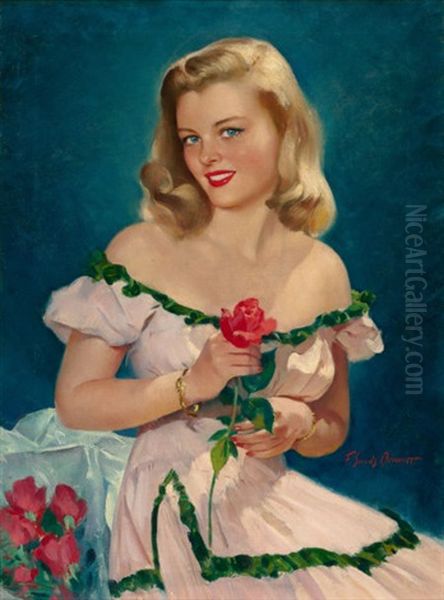 Seated Blonde With Red Roses Oil Painting by Frederick Sands Brunner