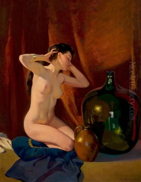 Pensive Art Deco Nude Oil Painting by Frederick Sands Brunner