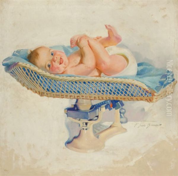 Weighing Baby Oil Painting by Frederick Sands Brunner