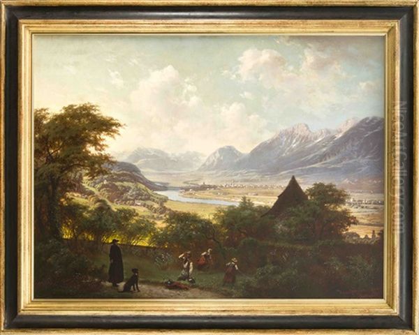 Stimmungsvolles Panorama Des Inntals Bei Innsbruck Mit Figurenstaffage Oil Painting by Hans Brunner