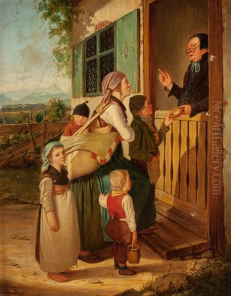 Peasant Mother And Children Seeking Food From The Church Oil Painting by Hans Brunner