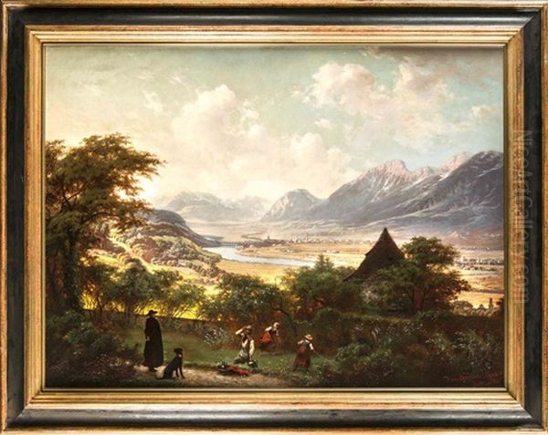 Stimmungsvolles Panorama Des Inntals Bei Innsbruck Mit Figurenstaffage by Hans Brunner