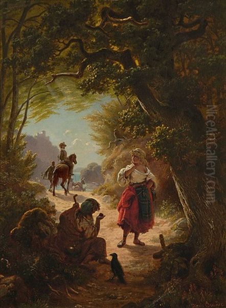 Wahrsagerin Und Sudlandische Tanzerin Am Waldesrand Oil Painting by Hans Brunner