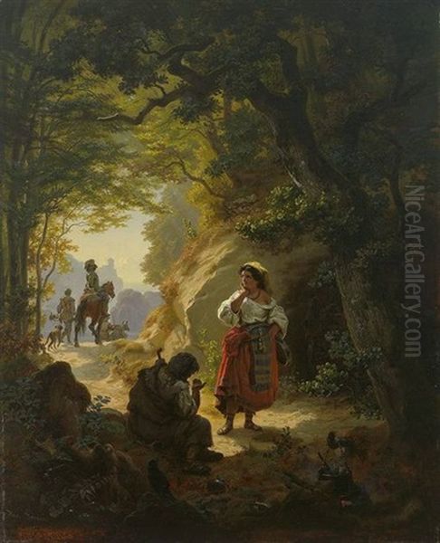 Vor Einer Waldklause Junge Frau Mit Wahrsagerin Oil Painting by Hans Brunner