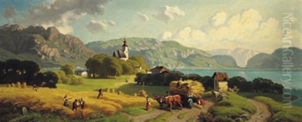 Ernte Am Seeufer Im Alpenvorland Oil Painting by Hans Brunner