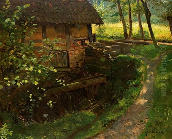 Hazel Bush In The Grinding Mill Oil Painting by Hans Bruenner