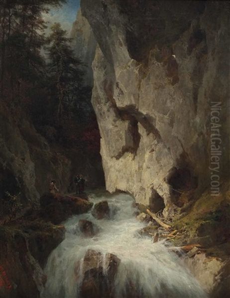 Besucher In Einer Klamm Oil Painting by Joseph Brunner