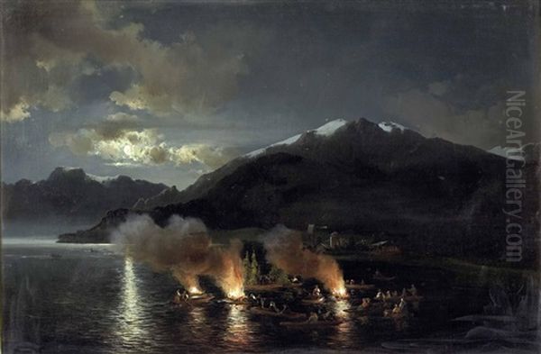 Sonnwendfeuer? Auf Einem Alpensee Bei Mondschein Oil Painting by Joseph Brunner