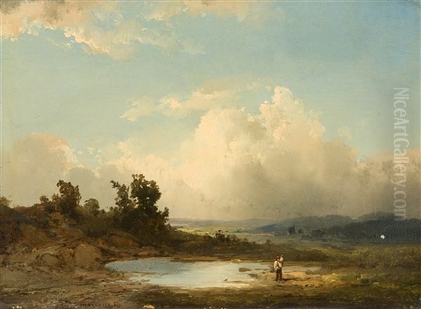 Wanderer In Stimmungsvoller Landschaft Bei Aufsteigendem Gewitter Oil Painting by Joseph Brunner