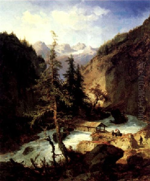 Gebirgstal Mit Reisenden Oil Painting by Joseph Brunner