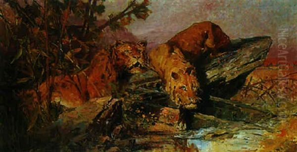 Lion On The Prowl Oil Painting by Joseph Brunner