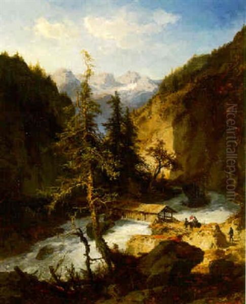 An Alpine River Crossing Oil Painting by Joseph Brunner