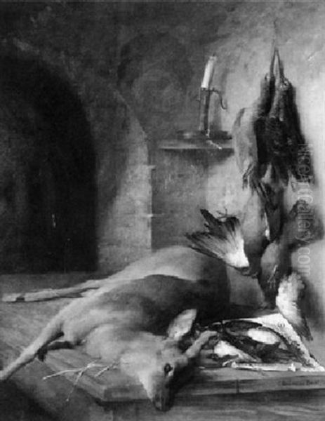 Jagdstilleben Mit Reh Und Vogeln Auf Einem Holztisch Oil Painting by Karl Bruenner