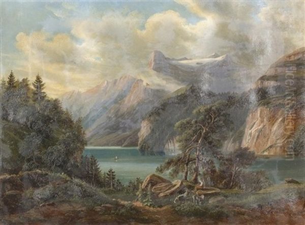 Sommerliche Partie Am Vierwaldstattersee Mit Ziegenhirten Oil Painting by Karl (Carl) Brunner