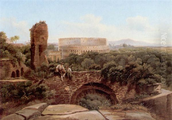 A View Of Rome With The Colosseum And The Arch Of Constantine Oil Painting by Karl (Carl) Brunner