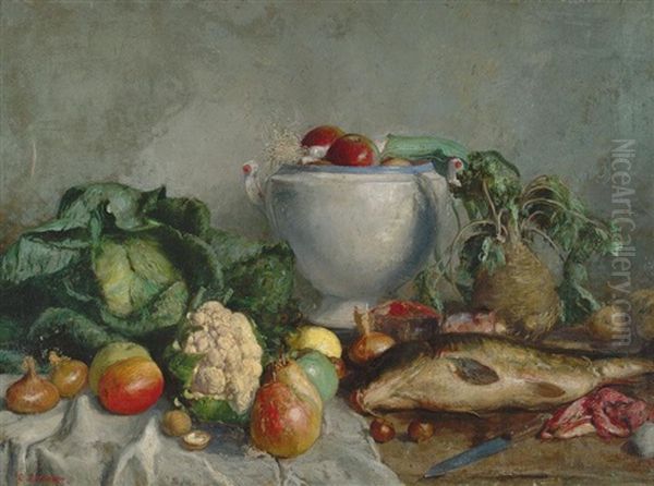 Stilleben Mit Fisch Und Gemuse Oil Painting by Samuel Brunner