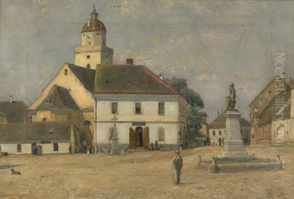 Der Hauptplatz In Pohorelice (pohrlitz) In Sudmahren Mit Der Pfarrkirche St. Jakob Und Dem Kaiser-joseph Ii-denkmal Oil Painting by Samuel Brunner