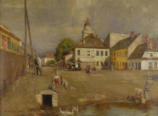 Square In Pohorelice Oil Painting by Samuel Brunner