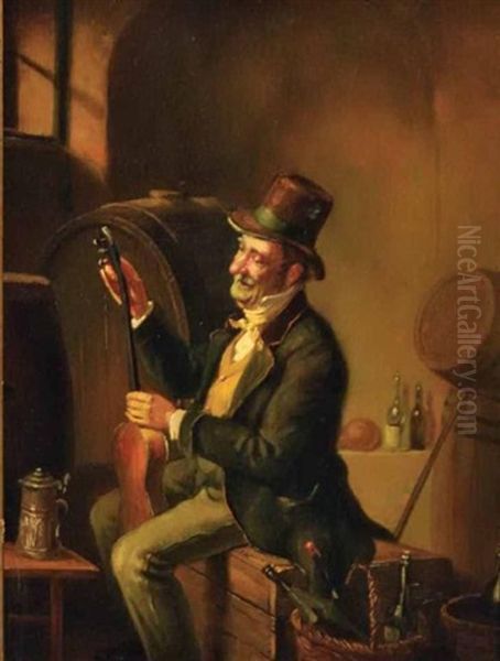 Gentleman With His Violin In The Wine Cellar Oil Painting by Samuel Brunner