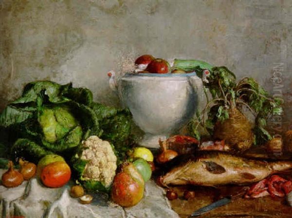 Stilleben Mit Fisch Und Gemuse Oil Painting by Samuel Brunner