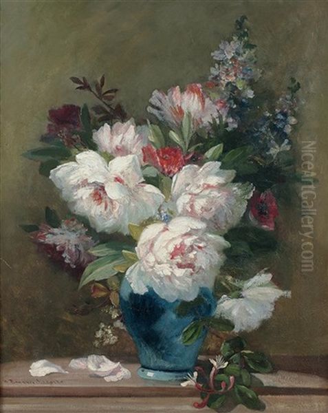 Bouquet De Pivoines Et Autres Fleurs Dans Un Vase Bleu Oil Painting by Emile-Henri Brunner-Lacoste