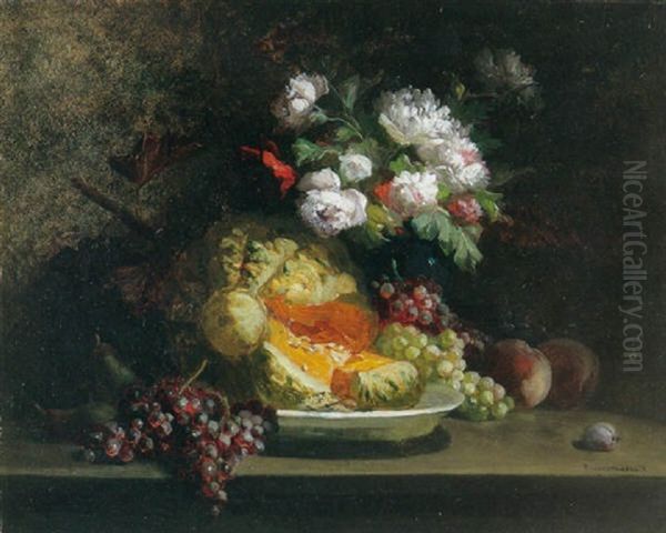 A Still Life With A Squash, Grapes And Peaches On A Tabletop With Flowers In A Vase Behind Oil Painting by Emile-Henri Brunner-Lacoste