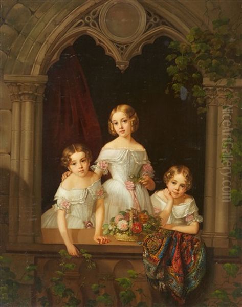 Three Girls By A Gothic Window Oil Painting by Morten Thrane Bruennich