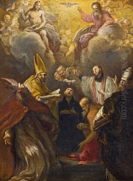 Ignatius Von Loyola, Johannes Nepomuk Und Die Vier Kirchenvater Verehren Die Heilige Dreifalitigkeit Oil Painting by Girolamo Brusaferro