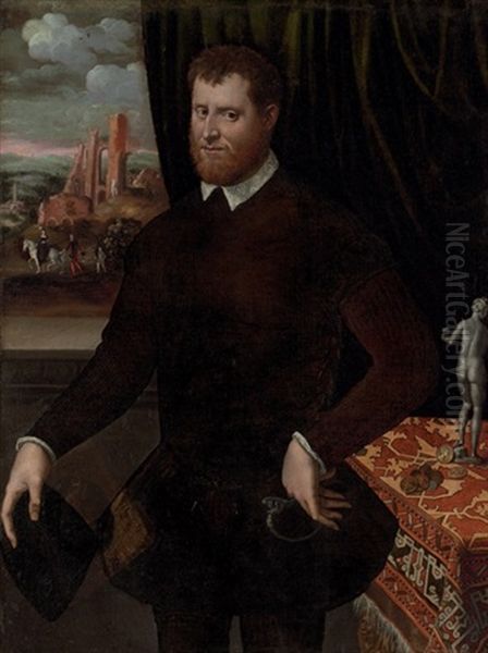 Portrait Of A Gentleman Beside A Carpet Draped Table With Coins And A Statue, A Landscape With Ruins Beyond Oil Painting by Domenico (del Riccio) Brusasorci