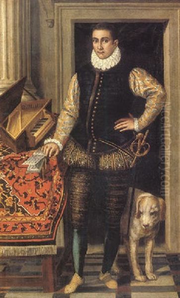 Portrait Of A Gentleman With His Dog Standing Next To A Carpet Draped Table With A Virginals And Book Of Sheet Music Oil Painting by Domenico (del Riccio) Brusasorci