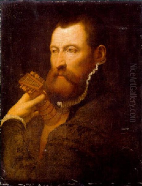 Portrait Of A Gentleman, Bust-length, In A Black Costume, Playing A Lute Oil Painting by Domenico (del Riccio) Brusasorci