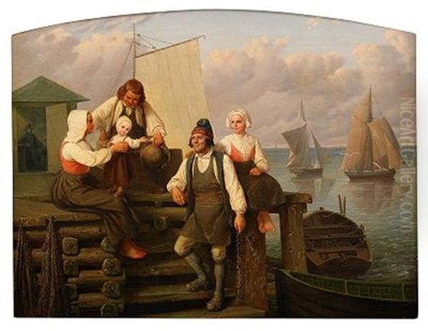 Fiskarfamilj Pa Kajen Oil Painting by Gustaf Henrik Brusewitz