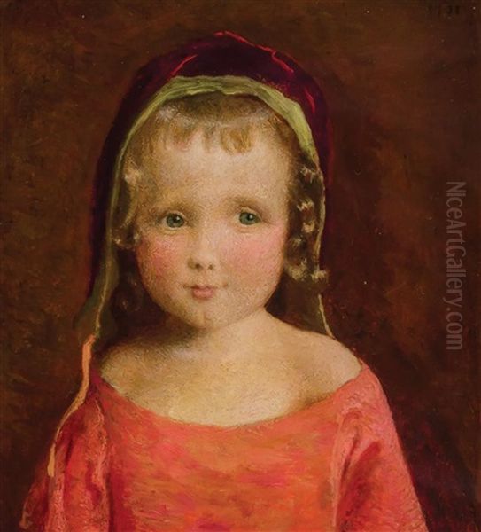 Little Girl In A Crimson Bonnet Oil Painting by George de Forest Brush