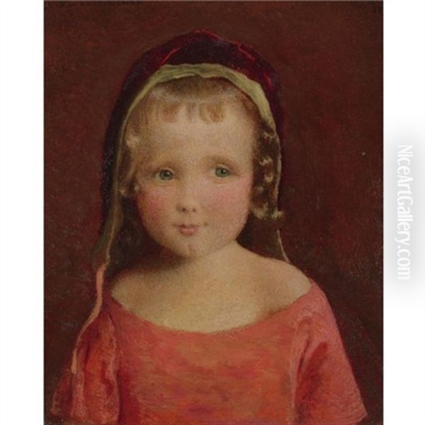 Little Girl In A Crimson Bonnet Oil Painting by George de Forest Brush