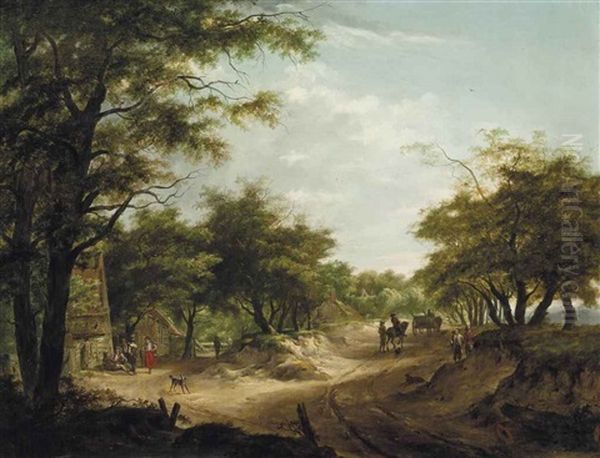 A Wooded Landscape With Travellers On A Track And Figures At Rest Before An Inn Oil Painting by Hermanus Van Brussel