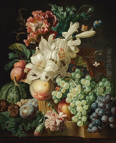 Still Life With Lilies, Carnations And A Poppy In A Wicker Basket, With Grapes, Medlars, Plums, Gooseberries And A Melon On The Marble Ledge Beneath Oil Painting by Paul Theodor van Bruessel