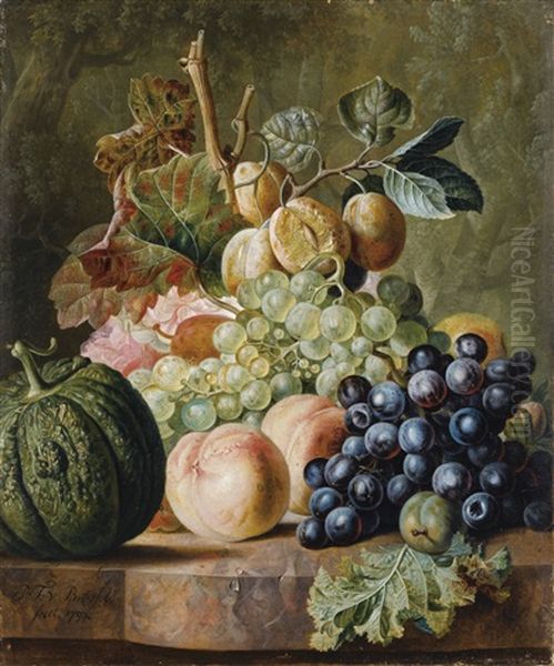 Nature Morte Aux Peches, Raisins, Prunes Et Melon Oil Painting by Paul Theodor van Bruessel