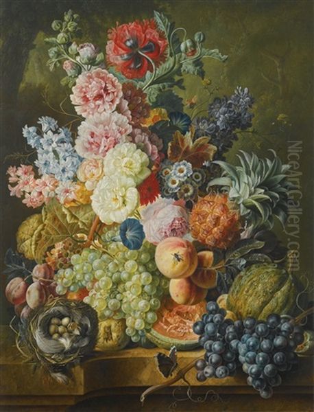 Still Life Of Fruits And Flowers Together With A Bird's Nest Arranged Upon A Stone Ledge Oil Painting by Paul Theodor van Bruessel