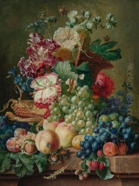 Still Life Of Flowers And Fruits On A Marble Ledge Oil Painting by Paul Theodor van Bruessel