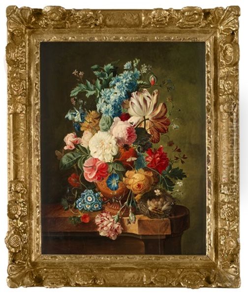 Stilleben Med Blommor, Insekter Och Rede Oil Painting by Paul Theodor van Bruessel