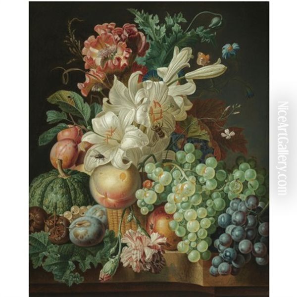 Still Life With Lilies, Carnations And A Poppy In A Wicker Basket, With Grapes, Medlars, Plums, Gooseberries And A Melon On The Marble Ledge Beneath Oil Painting by Paul Theodor van Bruessel