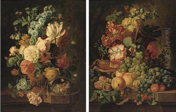 Tulips, Poppies, Carnations And Other Flowers In A Vase (+ Grapes, Corn On The Cobb, Peaches...; 2 Works) Oil Painting by Paul Theodor van Bruessel