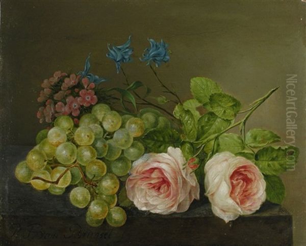 Stillleben Mit Rosen, Blumen Und Weintrauben Oil Painting by Paul Theodor van Bruessel