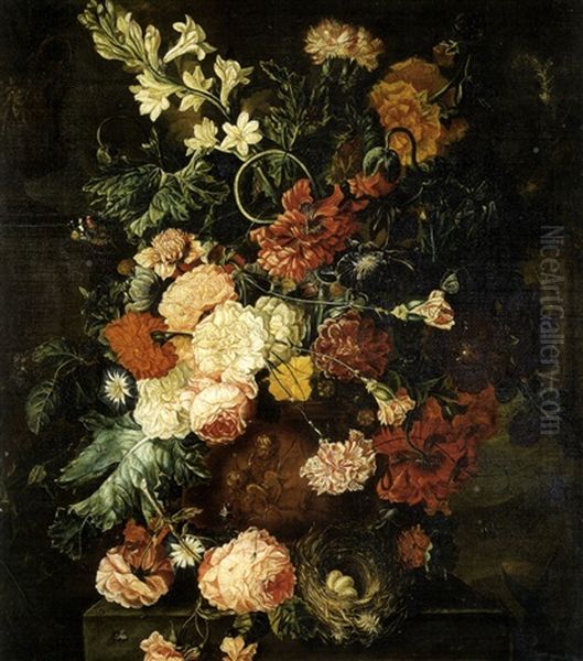 A Still Life Of Summer Flowers, Rose, Carnations, Tulips And Peonies In A Terracotta Figural Urn Oil Painting by Paul Theodor van Bruessel