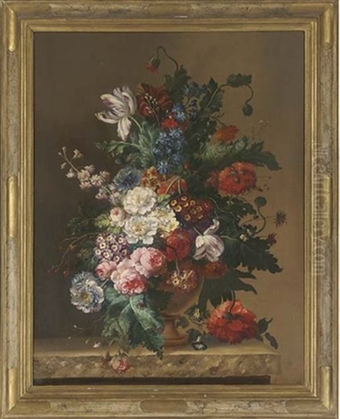 Parrot Tulip, Morning Glory, Stock, Pink Roses And Peonies, On A Stone Ledge Oil Painting by Paul Theodor van Bruessel