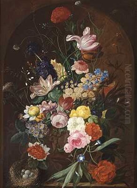 Opstilling I Niche Med Blomsterbuket Bestaende Af Tulipaner, Roser, Paeoner Og Andre Blomster I En Vase Prydet Med Putti. Ved Vasens Fod En Fuglerede Med Aeg Oil Painting by Paul Theodor van Bruessel