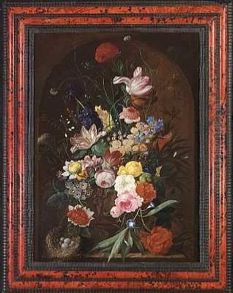 Opstilling I Niche Med Blomsterbuket Bestaende Af Tulipaner, Roser, Paeoner Og Andreblomster I En Vase Prydet Med Putti Oil Painting by Paul Theodor van Bruessel