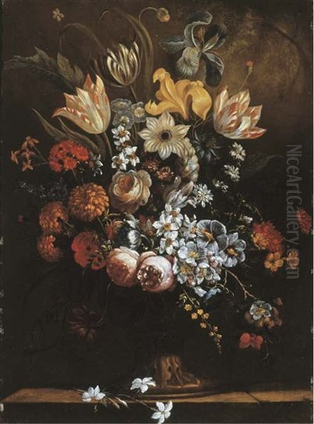 Flowers In A Sculpted Vase On A Stone Ledge Oil Painting by Paul Theodor van Bruessel