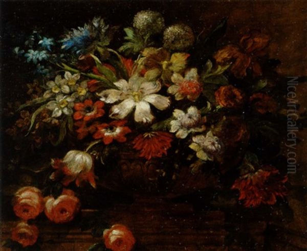 Opstilling Med Brogede Blomster I En Opsats Oil Painting by Paul Theodor van Bruessel